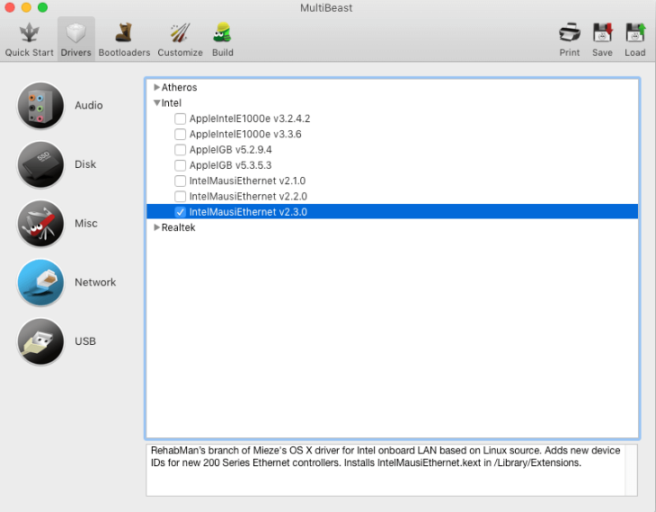 Volba ovladače pro síťovou kartu